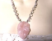 Chinese Carved Rose Quartz Leaf on Quartz Nugget and Lucite Bead Necklace- WOW