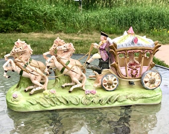 Vintage CAPODIMONTE ITALY Porcelain Figurine Carriage With Horses