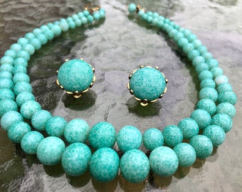 Nachlass Nettie Rosenstein Türkis Peking Glas Demi-Parure Halskette und Ohrringe Set