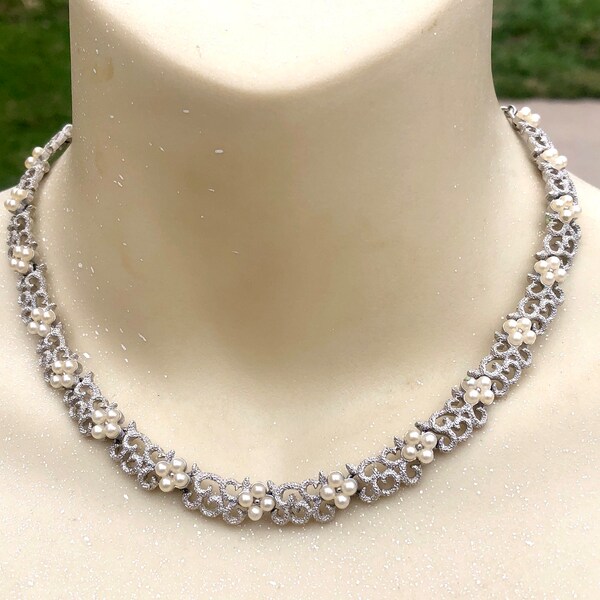 Vtg Crown Trifari Brushed Silver Scroll Faux Pearl Floral Birthday Necklace