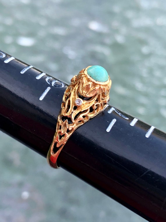 Antique 18k 750 Filigree Turquoise and Diamond Rin