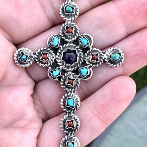 Vtg Large CII Taxco Turquoise Amethyst Coral Sterling Silver Cross Pendant 17.4g