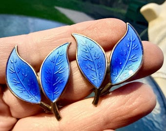 ヴィンテージ デビッド・アンダーソン ノルウェー製 ブルーエナメル ダブルリーフ クリップオンイヤリング サイン入り