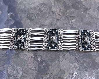 Vtg 50s Mexico Silver Aztec Ethnic Repousse Panel Bracelet 7.75” 52.2g- Signed