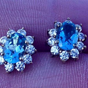 Vintage 10k Swiss Blue Topaz & Simulated Diamonds CZ Halo Floral Stud Earrings