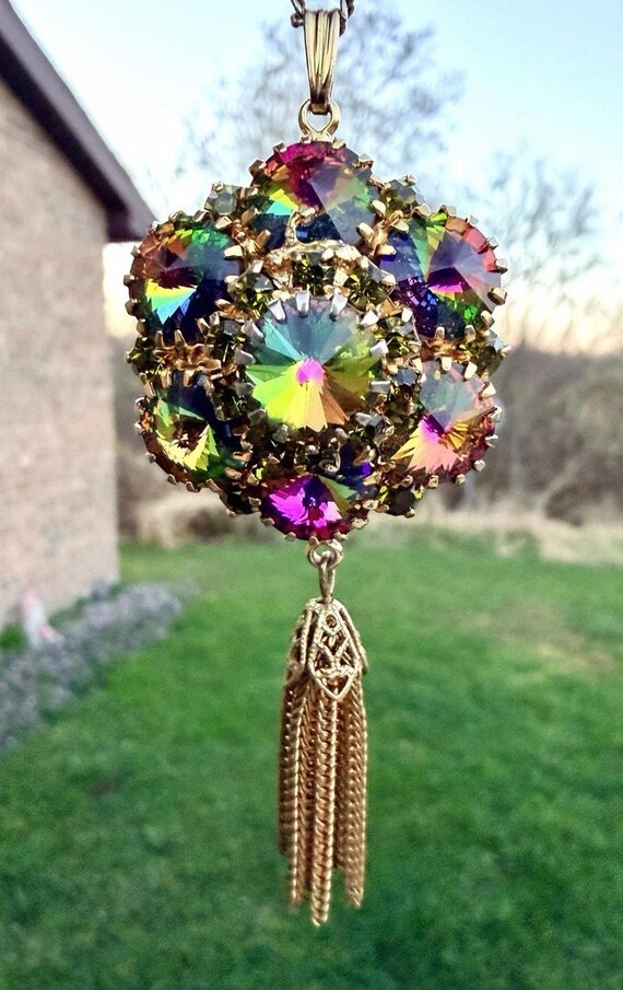 Vtg Juliana Watermelon Heliotrope Rivoli Tassel Pendant Necklace
