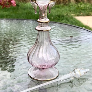 Egyptian Pink Hand-Blown Perfume Bottle Atomizer with Glass Dabber Yellow Gold Gilt Edges