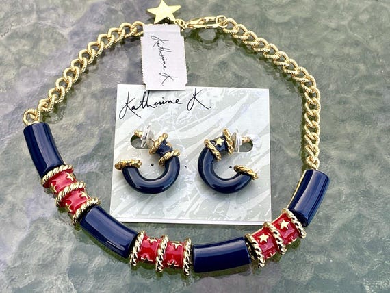 Katherine K Designer Enameled Stone Necklace And Earrings. NWT