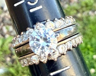 Vintage Three Ring Bridal Set Sterling- Engagement Solitaire Center 7mm Stone