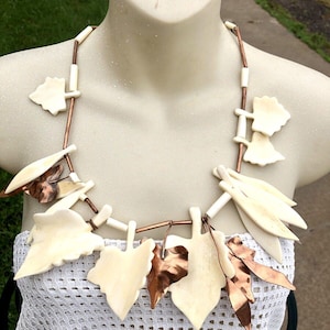 Vtg Gerda Lynggaard Monies Large Copper & White Leaf Statement Runway Necklace