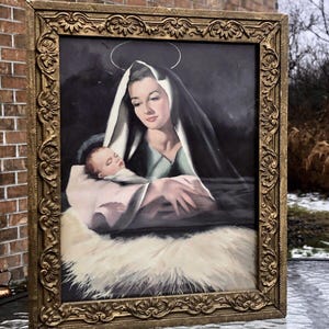 Antique Madonna & Jesus Child French Christian Religious Litho- Old Frame