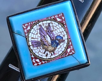 Anillo antiguo de mosaico de pájaro con piedra turquesa de 18 k de 1800: ¡increíble y muy raro!