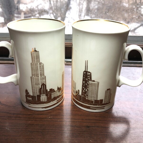 Marshall Field's Chicago Skyline Fine Bone China Mugs England- Set of Two- 12 Oz