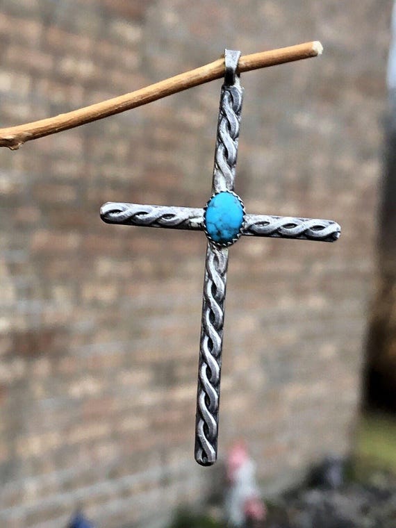 Vtg Native Turquoise Handmade Sterling Silver Cross