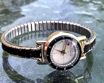 Vtg BRICHOT Kaleidoscope 17 Jewels Moving Rhinestone Face Ladies Watch Running!