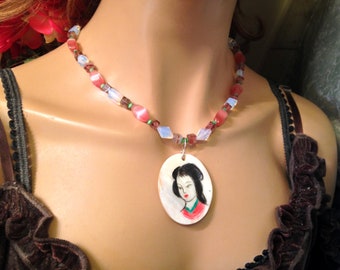 Feminine Hand Painted Japanese Geisha Girl on Mother of Pearl Pendant with Glass Necklace