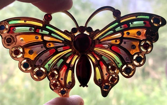Joan Rivers Plique Du Jour Stained Glass Rhinestone Butterfly Brooch Pin