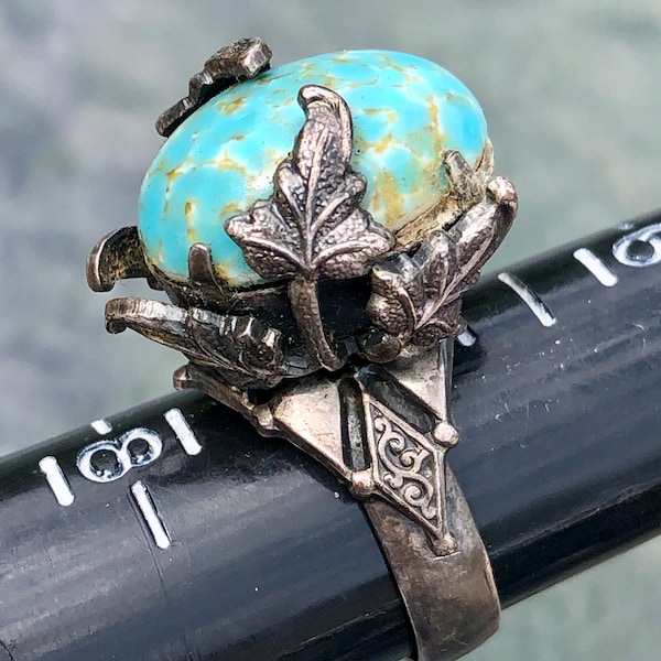 Vintage Art Nouveau Style Veined Turquoise Tibetan Mexican Silver Ring- Adjust.