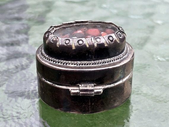 Antique Sterling Snuff Box Pill Box Clear Glass Top- Lucky ORMOSIA COCCINEA Seed