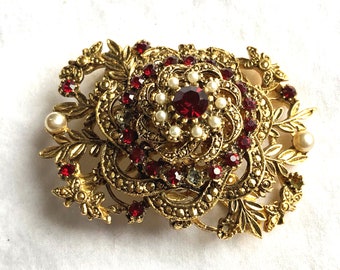 Unmarked Antique Vtg Brooch with Red Stones and Seed Pearls- 32.8g!!