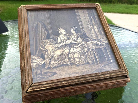 RARE Victorian Antique Ladies Print Wood Boudoir Vanity Jewelry Trinket Box