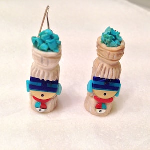 Handmade ZUNI Inlay Katchina Tribal Earrings with Turquoise, Lapis, Coral- WOW