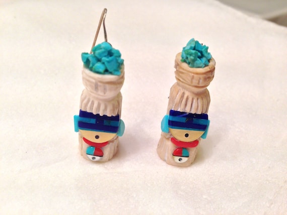 Handmade ZUNI Inlay Katchina Tribal Earrings with… - image 1