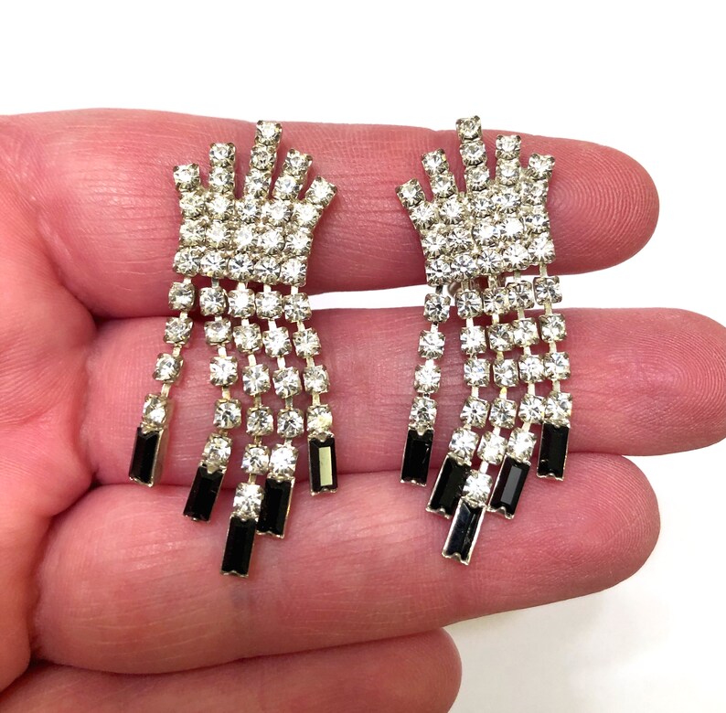Vintage Art Deco Dazzling Black and White Crystal Waterfall Drop Dangle Earrings
