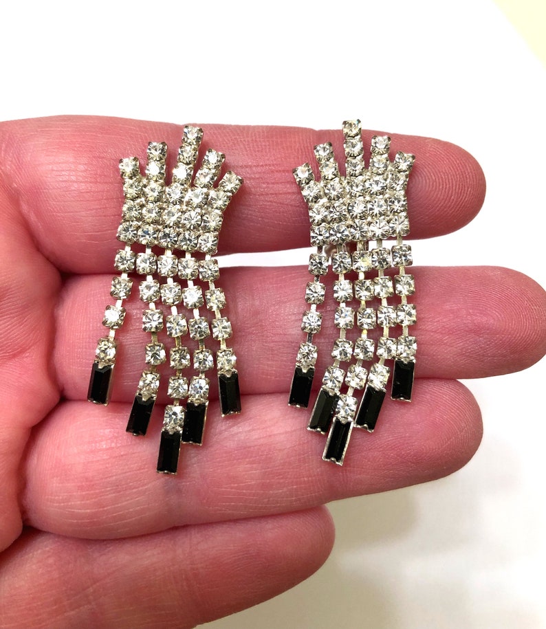 Vintage Art Deco Dazzling Black and White Crystal Waterfall Drop Dangle Earrings