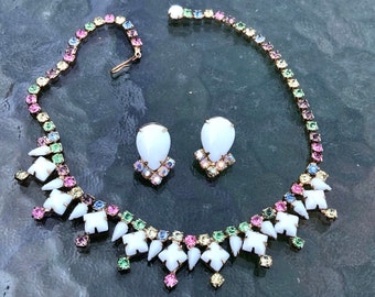 Vtg Juliana Milk Glass and Pastel Glass Rhinestone Necklace & Matching Earrings