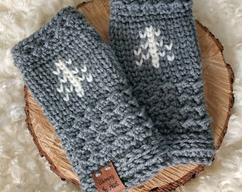 Rippled Timberline Fingerless Gloves Small - Gray with Linen Trees