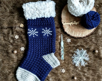 Rippled Timberline Christmas Stocking - Navy and White with White Snowflakes