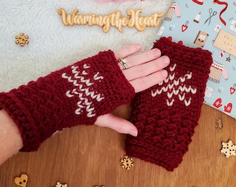 Rippled Timberline Fingerless Gloves Small - Wine with Linen Snowflakes