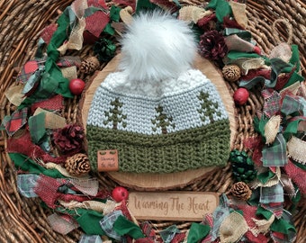 Rippled Timberline Beanie (Toddler) - Green with Blue Gray Band, Green Trees, and White top