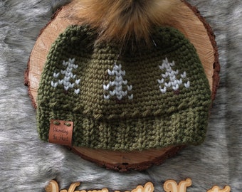 Rippled Timberline Beanie (Toddler) - Green with Linen Trees