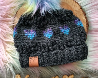 Puffy Love Beanie (Toddler) - Charcoal and Rainbow