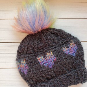 Puffy Love Beanie (0-3 Months) - Charcoal and Rainbow