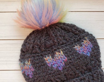 Puffy Love Beanie (3-6 Months) - Charcoal and Rainbow