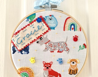 Hand embroidered, name hoop, dogs, personalised hoop, embroidered hoop, dog gift