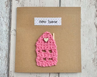 New home card, crochet house, pink house, new house, new home