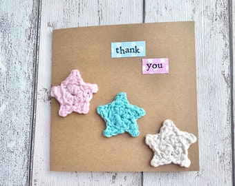 Thank you card, crochet stars, crochet star, crochet card, recycled thank you card