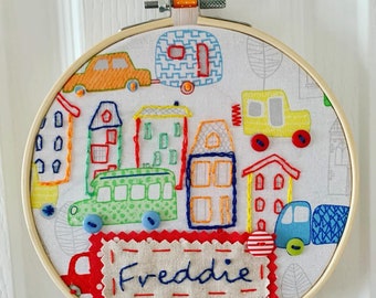 Hand embroidered, name hoop, cars and trucks, houses, personalised hoop, embroidered hoop, boys gift