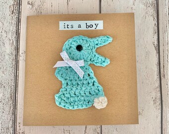 It’s a boy card, crochet bunny, rabbit, blue rabbit, baby boy card