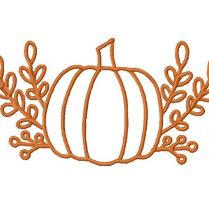 May include: An orange embroidered pumpkin with a stem and leaves on a white background. The pumpkin is the central focus, with detailed stitching outlining its shape. The leaves are arranged on either side of the pumpkin.