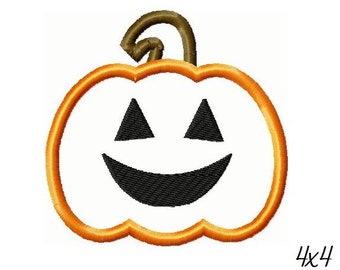 May include: Embroidered pumpkin design with a smiling face, featuring a white interior and an orange outline. The stem is brown. The design is labeled "4x4".
