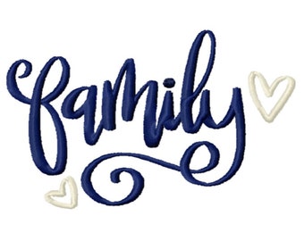 May include: A navy blue cursive word "family" with two white hearts on a white background.