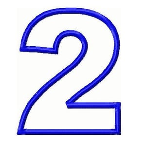 May include: A blue outlined number two. The number is filled in with white.