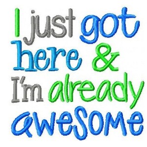 May include: Embroidered design with the text "I just got here & I'm already awesome" in green, blue, and gray lettering.