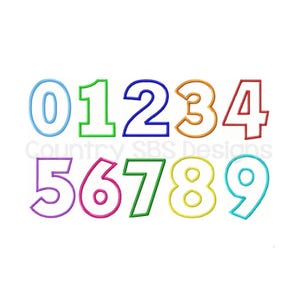 May include: A set of ten colorful outlined numbers, 0 through 9, in a bold, playful font. The numbers are arranged in two rows, with the first row containing numbers 0 through 4 and the second row containing numbers 5 through 9.