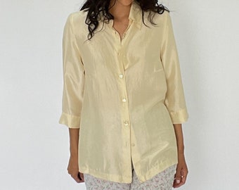 Vintage Creme Seide Kragen Button Up Hemd | XS - S | hemd mit kragen button down seidige bluse lolita weiß wollweiß neutral minimal